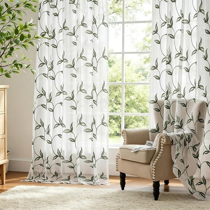 Sheer Curtains Boho Leaf Floral Embroidered Green 54Wx102L | Light Filtering - Image 8