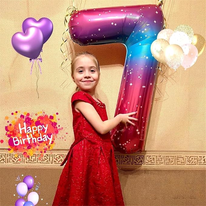 40'' Rainbow Number 7 Balloons, Giant Self Inflating Gradient Blue Pink Foil - Image 7