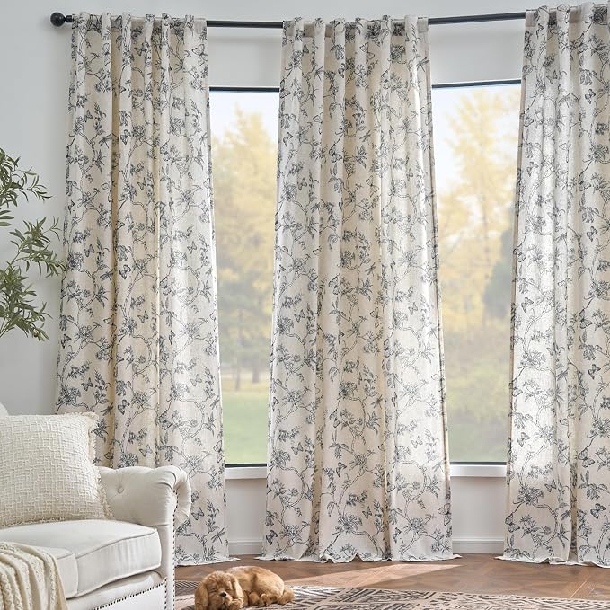 Black Floral Linen Lined Curtains Rod Pocket 50W X 84L 2 Panels | Charlotte - Image 7