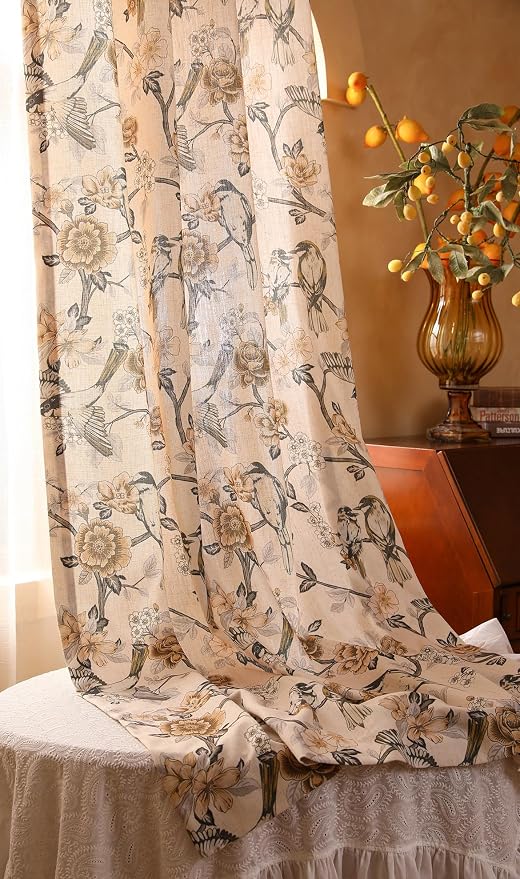 Designer French Linen Printed Curtains, 2 Panels, Bird and Flowers Pattern Draps - Image 9