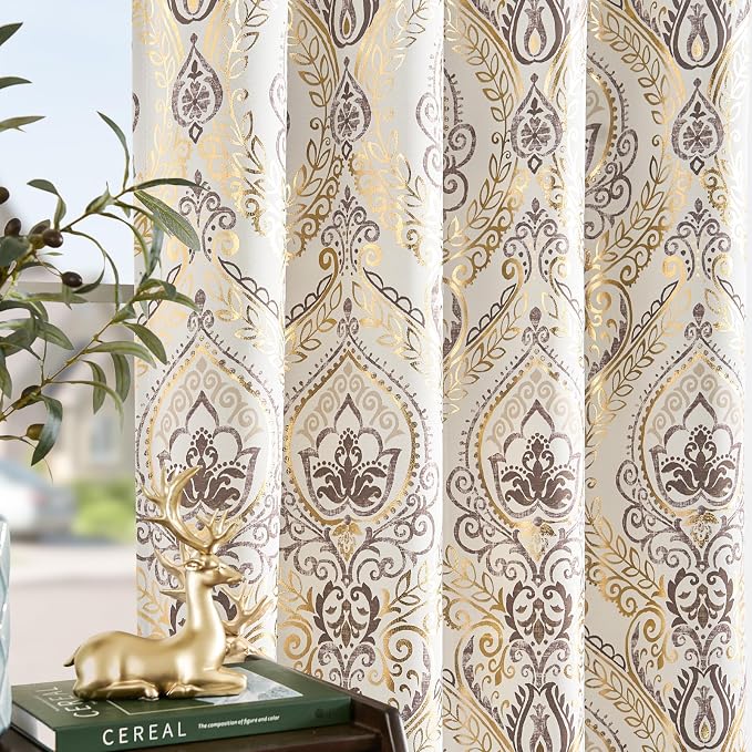 jinchan Gold Foil Blackout Curtains 84 Inch Damask Grommet 2 Panels | Room - Image 2