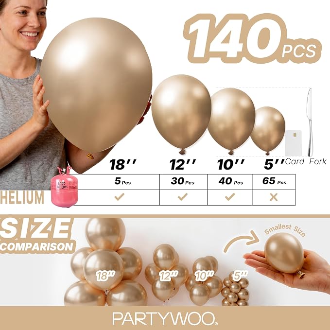 PartyWoo Metallic Gold Balloons 140pcs Chrome Gold Color 18 12 10 5 Inch | 18 - Image 6