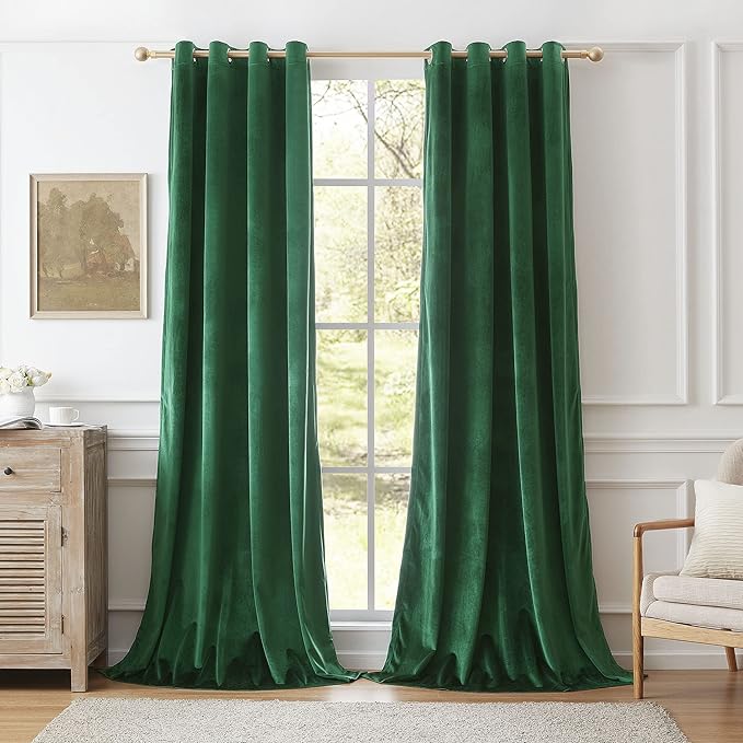 Velvet Green Grommet Blackout Curtains 84 inch Length by ModernShinyVelvetCurtains