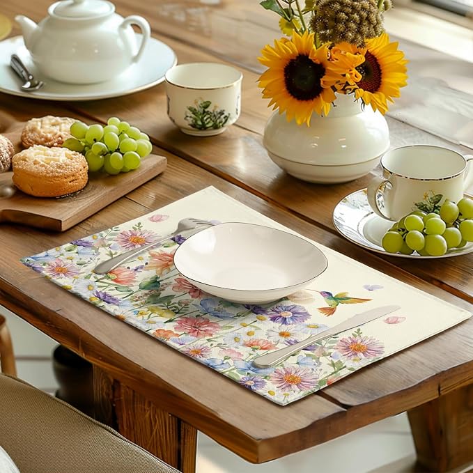 Flowers Bird Spring Summer Placemats Set of 4 Watercolor Floral Hummingbird - Image 6