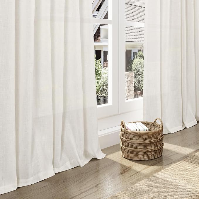 Beige White Linen Curtains 102 Inches Long Rod Pocket Back Tab Drapes 2 Panels - Image 6