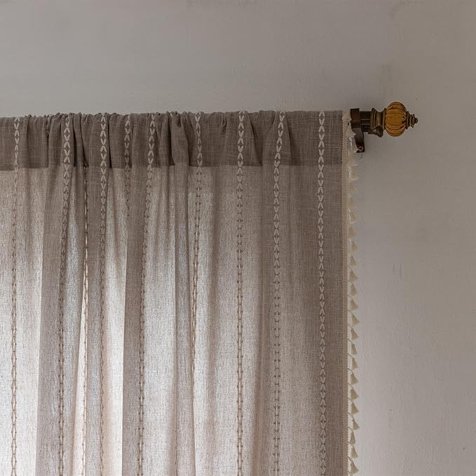 RoomTalks Tan Rustic Farmhouse Linen Kitchen Curtains 54 Inch Length Country - Image 4