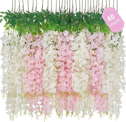 40 Pack White Pink Wisteria Hanging Flowers, Fake Flowers by Waipfaru