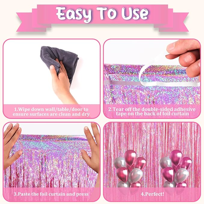 Voircoloria Laser Pink Foil Fringe Backdrop Curtains, 2 Pack | Tinsel Streamers - Image 4