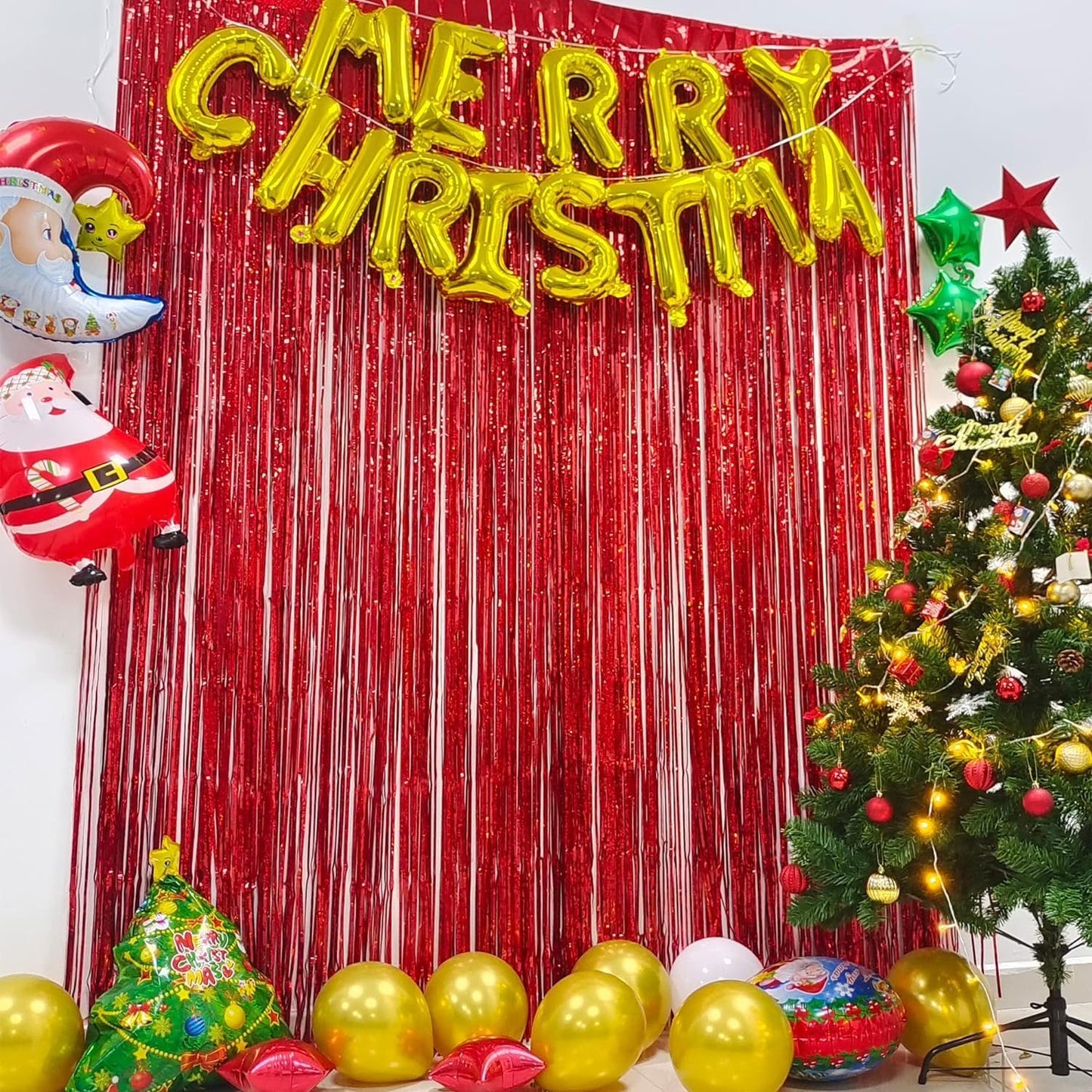 Foil Fringe Curtain Christmas Party Decorations - Red Metallic Tinsel Photo Booth Backdrop Party Steamers Curtains for Christmas New Years Valentines Engagement Celebration Party