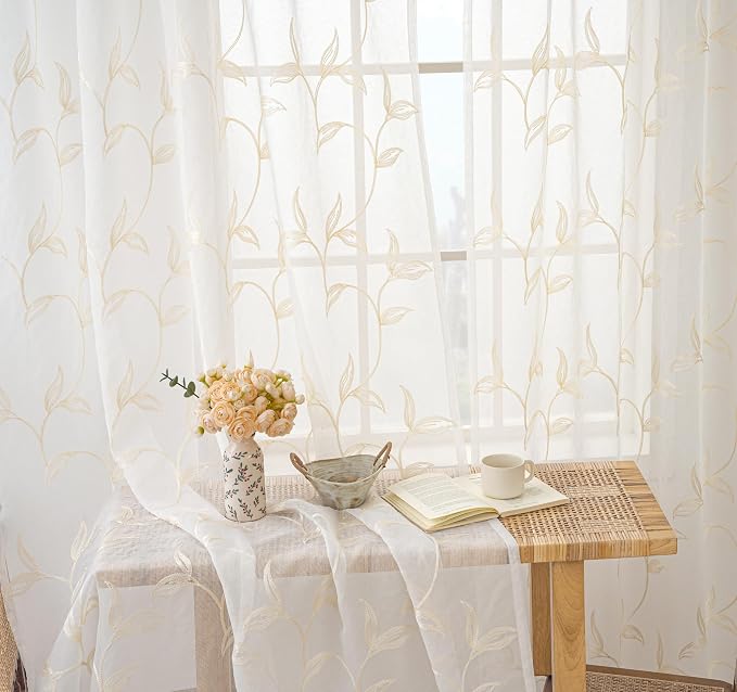 Sheer Curtains Boho Leaf Floral Embroidered Cream Beige 54Wx54L | Light - Image 5