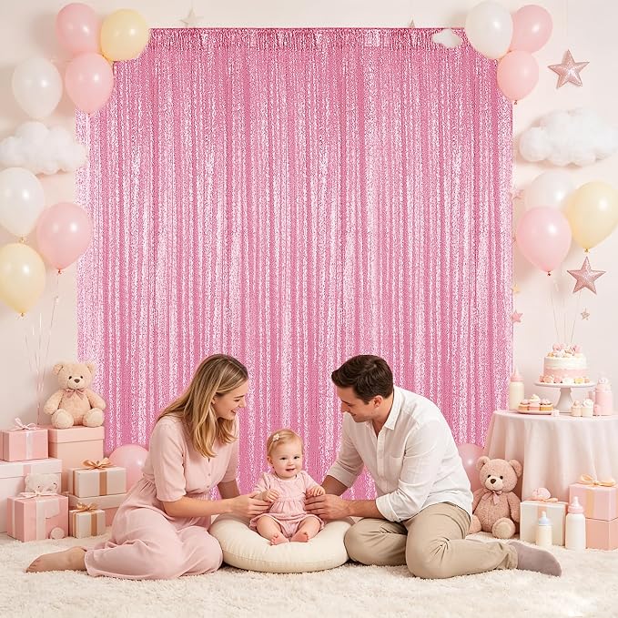 Hahuho Pink Sequin Backdrop Curtain, Banquet Decoration（2 Panels, 4FT x 8FT - Image 3