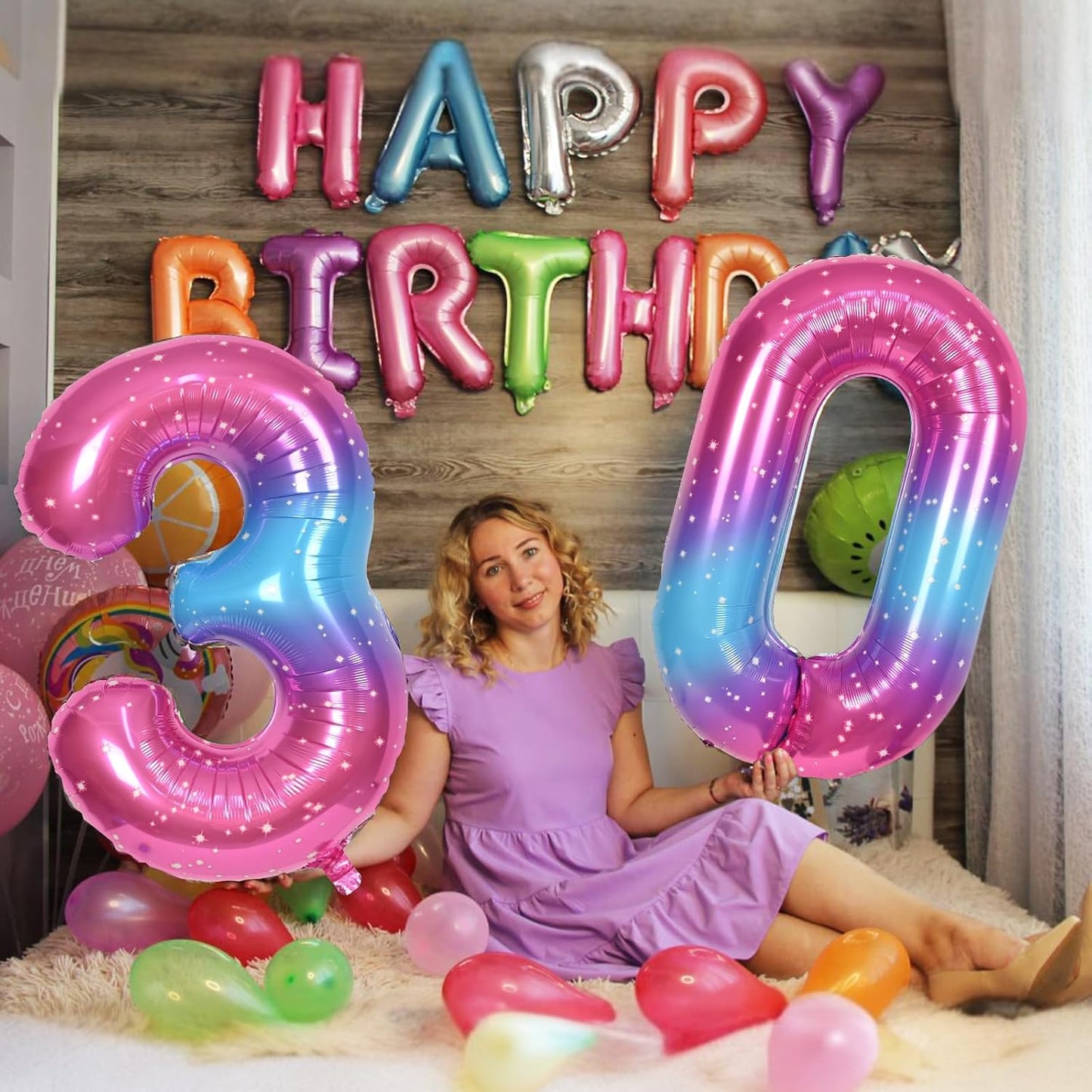 Gradient Blue Pink 2 Balloons, 40 Inch Giant Helium Foil Number 0-9 Rainbow 2th Birthday Balloon for Girls, Self Inflating Starry Digit 2 Balloons for Women Anniversary Party Decorations Supplies