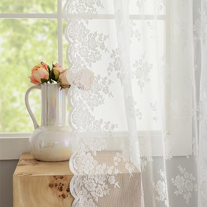 Kotile Ivory Lace Curtains for Bedroom Rustic Floral 52x94 Inch, 2 Panels | Rod - Image 3