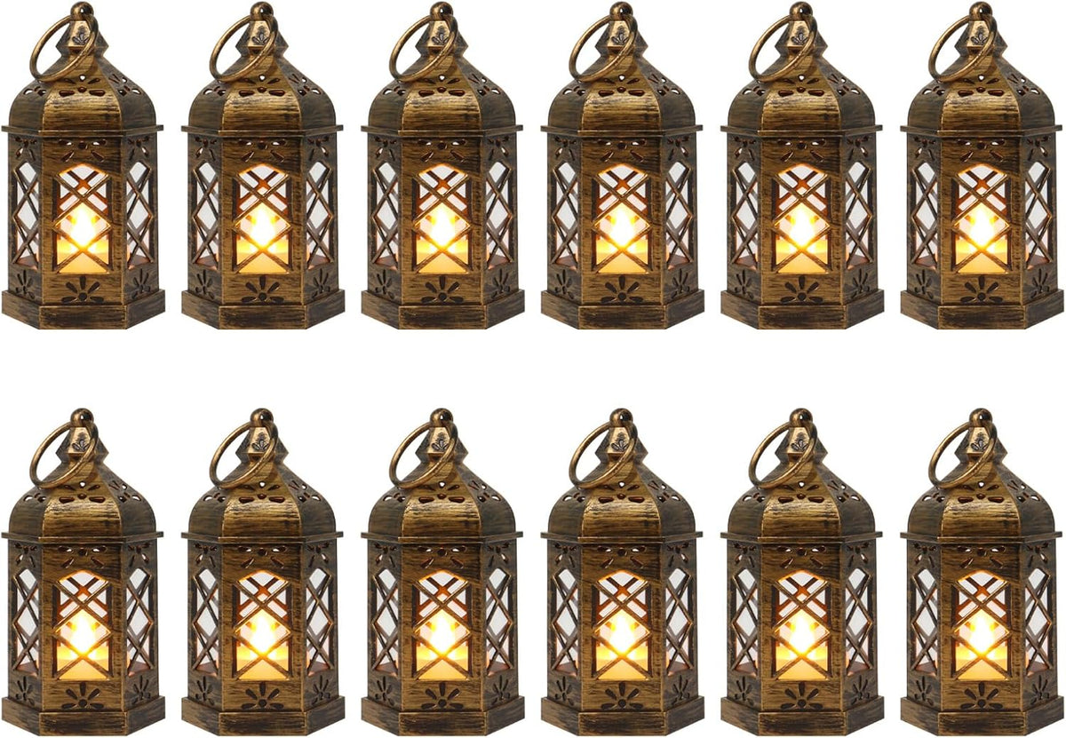 LLQ Mini Lantern with LED Candle, 12PCS Small Lanterns Decorative Indoor, Vintage Moroccan Lights for Halloween Decorations, Hanging Ornaments for Christmas, Table Centerpiece, Boho Wedding Decor