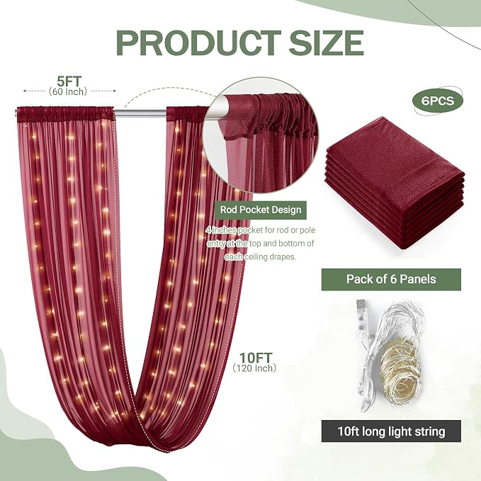 6 Panels Burgundy Ceiling Drapes - Image 5