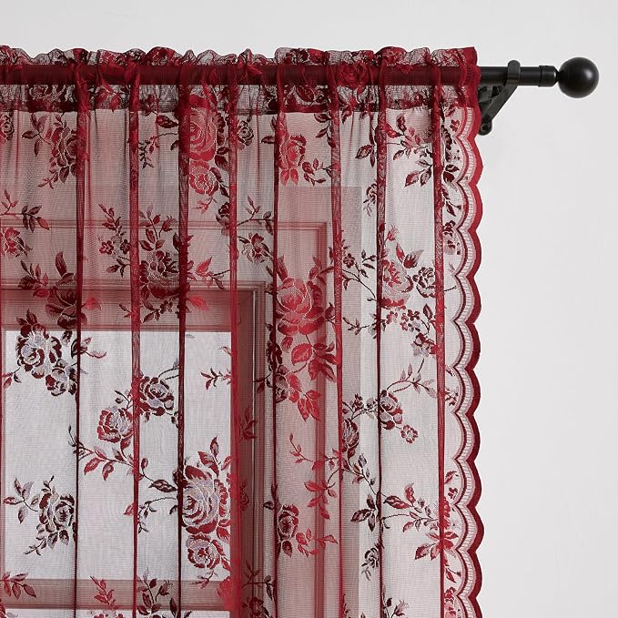Maroon Lace Curtains 72 Inch Length Modern Floral Curtains 2 Panels set - Image 4