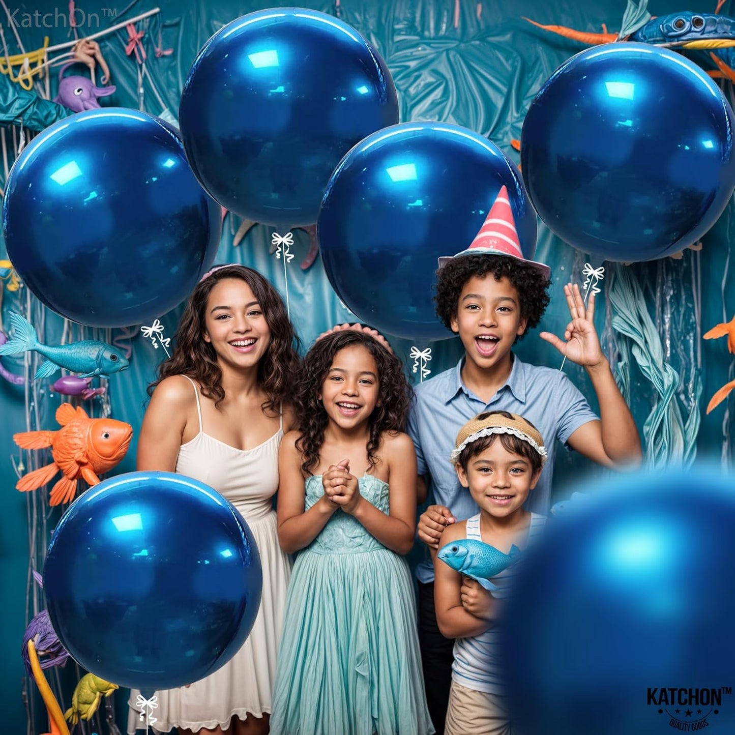 KatchOn, Mylar Metallic Blue Balloons - Big 22 Inch, Pack of 6 | Round Blueberry Balloons for Blueberry Party Decorations | Bachelorette, Gender Reveal, Baby Shower, Birthday, 4th of July Decorations
