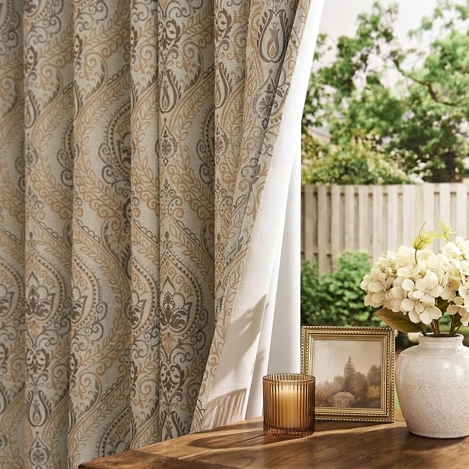 jinchan Taupe Damask Curtains 63 Inch Room Darkening Grommet 2 Panels | - Image 2