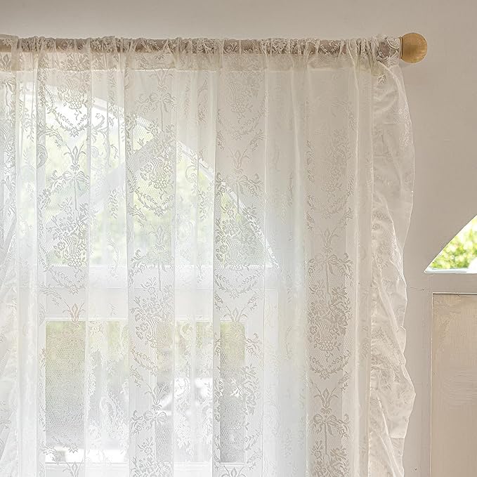 Deeprove Ivory Lace Boho Sheer Curtains Cottage 2 Panels 96 inches Long - Image 4