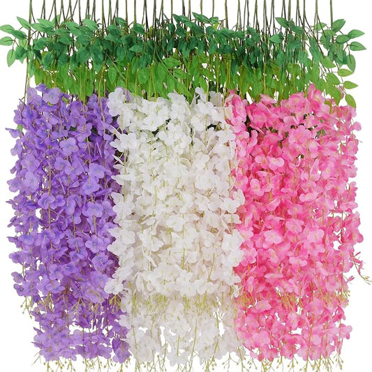 12 Pack Wisteria Hanging Flowers, 3.6 Feet White & Pink & Purple Wisteria by Waipfaru