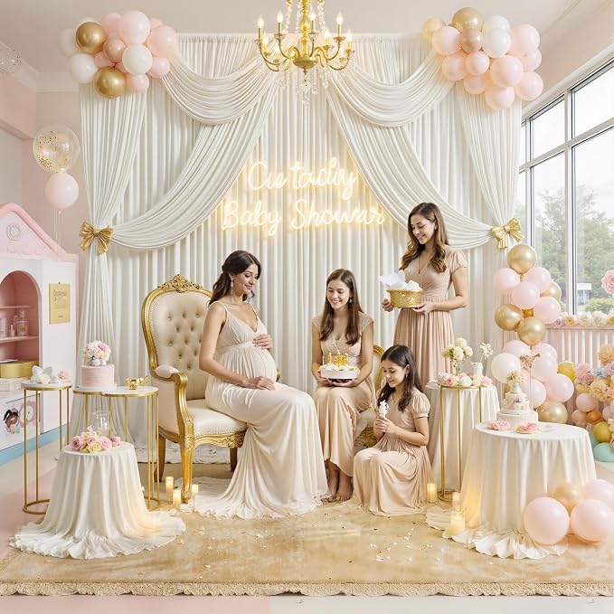 50 ft x 10 ft Wrinkle Free Ivory Backdrop Curtain - Image 5