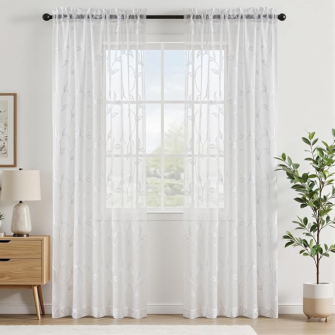 White Sheer Curtains Boho Leaf Floral Embroidered 54Wx108L | Light Filtering - Image 2