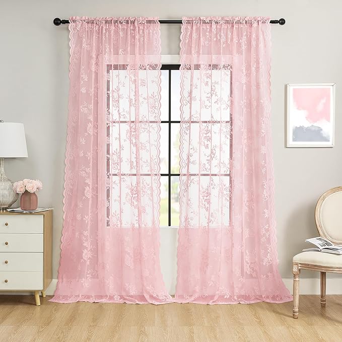 Light Pink Lace Curtains 63 Inch Length 2 Panels set Romantic Flower Sheer - Image 2