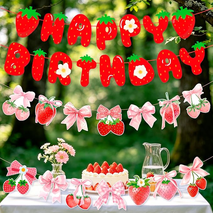 MEETINGU Strawberry Happy Birthday Banner and Bow Theme Strawberry Banner - Image 3