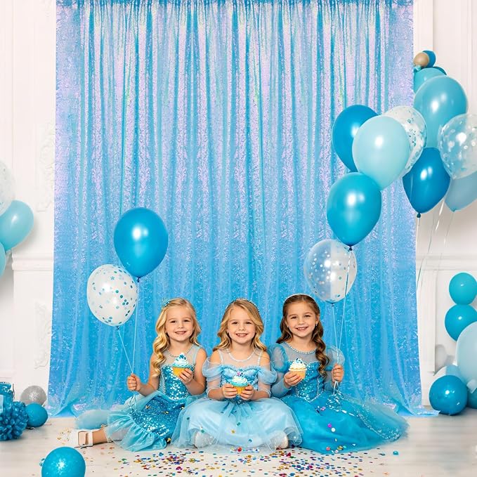 2×8FT-6PCS Mermaid Blue Sequin Backdrop Curtains Panels, Photography Backdrop - Image 3