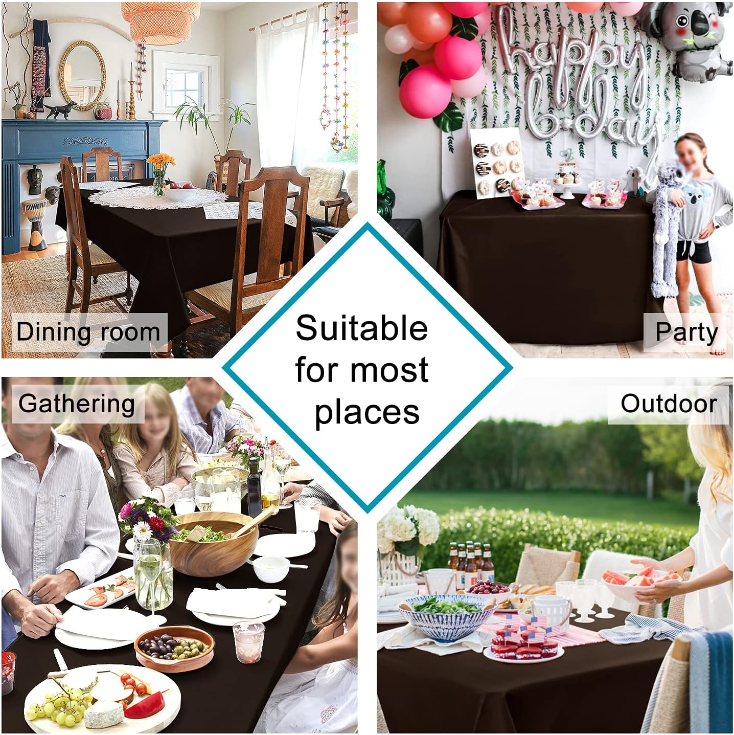 Hiasan Waterproof Tablecloth Rectangle - Washable Fabric Table Cloth for Dining Room Kitchen Birthday Party and Outdoor Use, Chocolate, 70 x 108 Inch