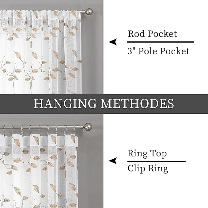 Tollpiz Taupe Leaf Sheer Curtains Living Room Short 54 x 45 Inches | Leaves - Image 5