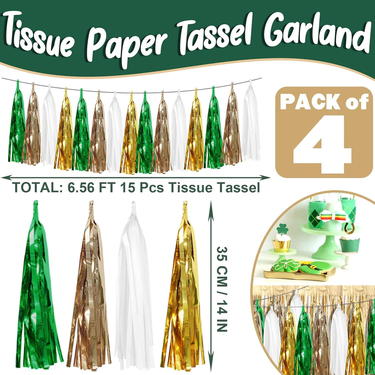4P Sage-Green Beige-Mint Gold Foil Fringe Metallic Tassel Garland Banner, Tassels Banner Streamers for Parade Floats, Bachelorette, Wedding, Birthday, Christmas, Bridal/Baby Shower Party Decorations