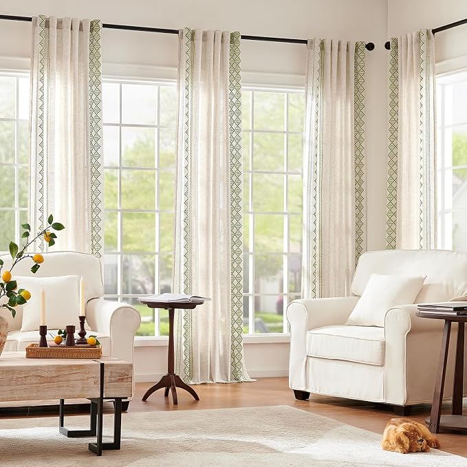 jinchan Floral Linen Curtains Embroidered Back Tab 50x63in 2 Panels Green | - Image 3