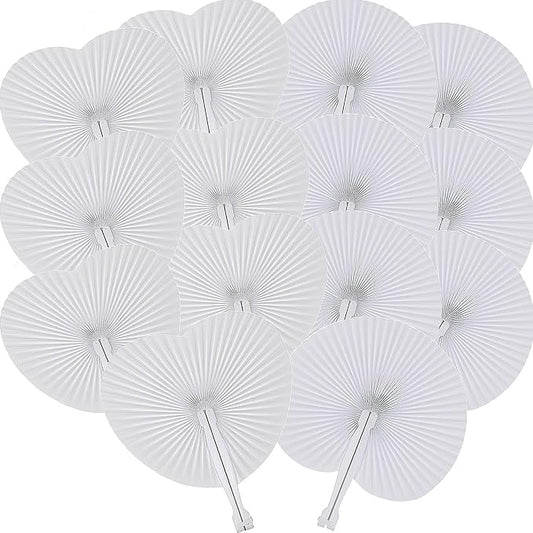 60 Pcs White Heart Round Paper Fans | Foldable Handheld Fans by Bestage