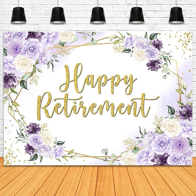 Happy Retirement Backdrop Purple and White Flowers Retirement Party Decorations - Image 4