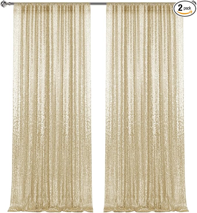 2×8FT-2PCS Champagne Gold Sequin Backdrop Curtains Panels, Photography Backdrop by Pufogu
