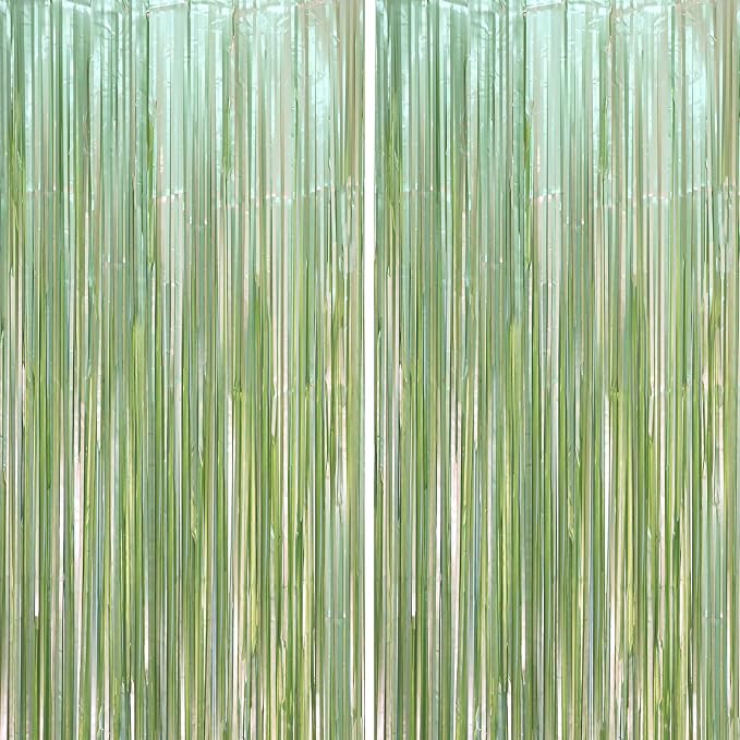 Voircoloria Light Green Foil Fringe Backdrop Curtains, 2 Pack | Tinsel Streamers by Voircoloria