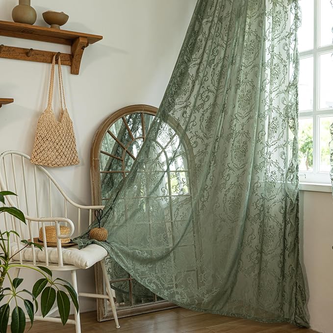 Deeprove Sheer Lace Curtains Olive Green 96 Inches Length - Image 3