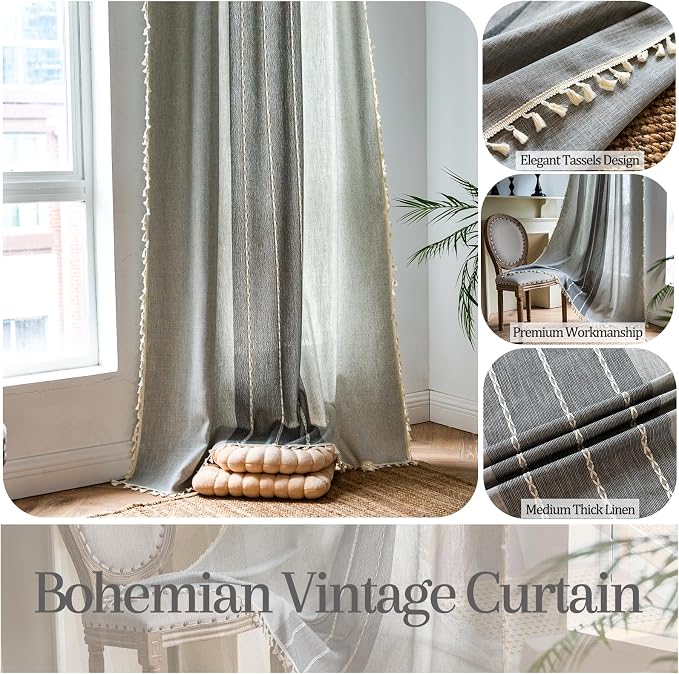 Sutuo Home Boho Curtains for Bedroom Dining Room, Semi Blackout Linen Farmhouse - Image 2