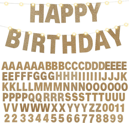 TaoBary 112 Pcs DIY Letter Custom Banner Glitter Customizable Banner Kit Including 107 Letters and Numbers 3 Rope for Valentine Birthday Party(Champagne Gold)