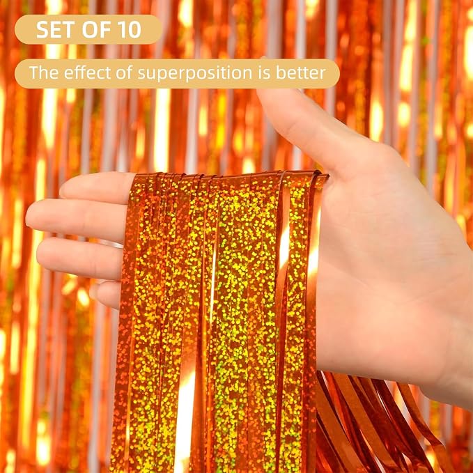 10 Pack Orange Backdrop Curtain 3.2ft x 8.2ft Metallic Tinsel Foil Fringe - Image 2