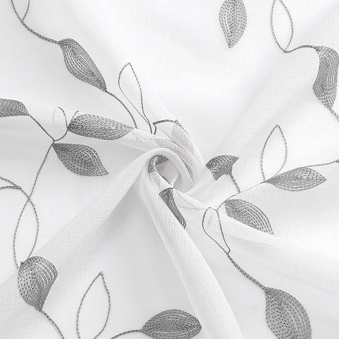 Tollpiz Grey Leaf Sheer Curtain Living Room 54 x 72 Inches | Leaves Embroidered - Image 9