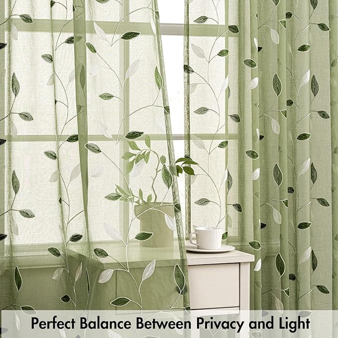 MIULEE Sage Green Sheer Curtains 2 Panels Leaf Patterned, W52 x L45 | - Image 5