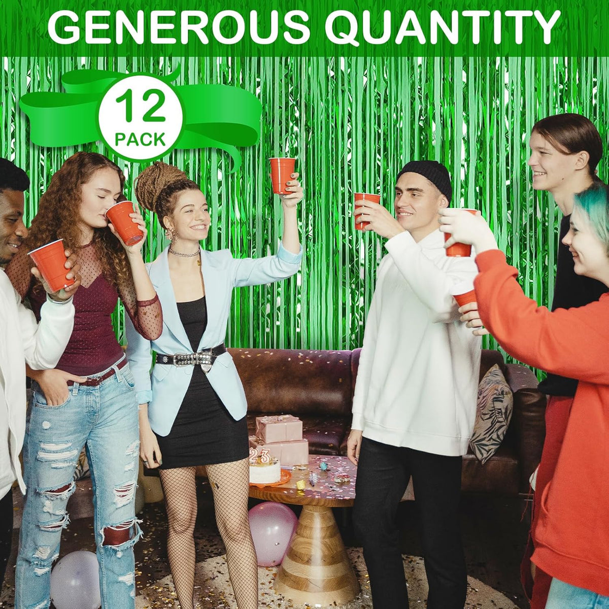 Green Fringe Curtain Party Streamers, 12 Pack 3.3ft x 8.2 ft Foil Curtain Backdrop Tinsel Foil Fringe Curtains Photo Booth Backdrop Streamer for Birthday, Wedding, Baby Shower, Disco Party