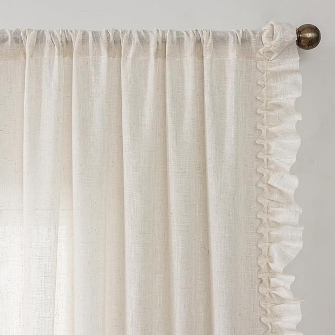 TERLYTEX Linen Curtains for Bedroom Ruffled Edges 47 x 63 Inch, 2 Panels | Rod - Image 2
