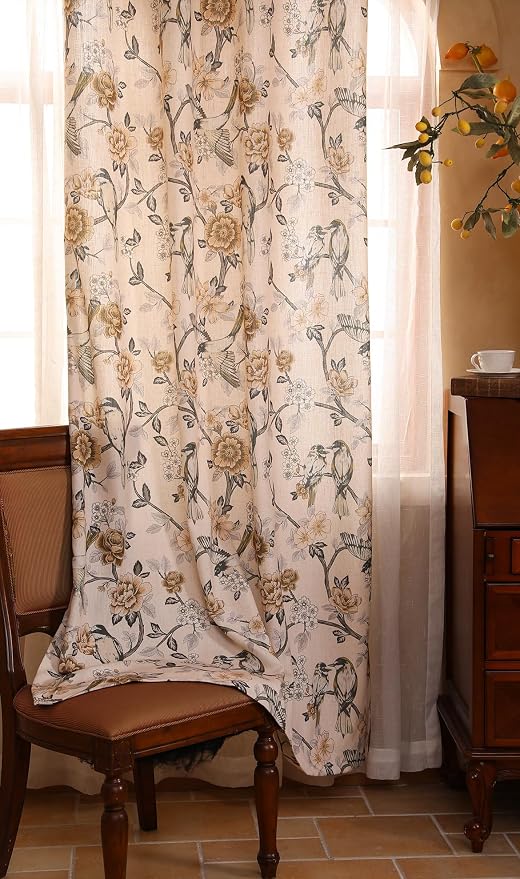 Designer French Linen Printed Curtains, 2 Panels, Bird and Flowers Pattern Draps - Image 8