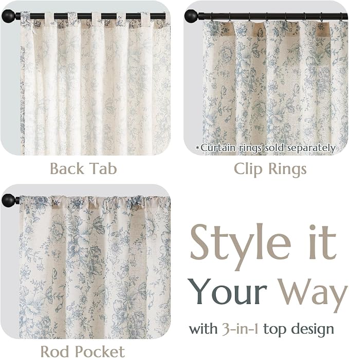 jinchan Blue Floral Linen Curtains 45 Inch Vintage Back Tab 2 Panels | Light - Image 4