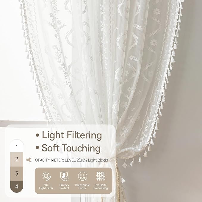 WAZZIO Boho Lace Curtains 2 Panels 72 Inches -Cute Vintage Victorian Sheer - Image 4