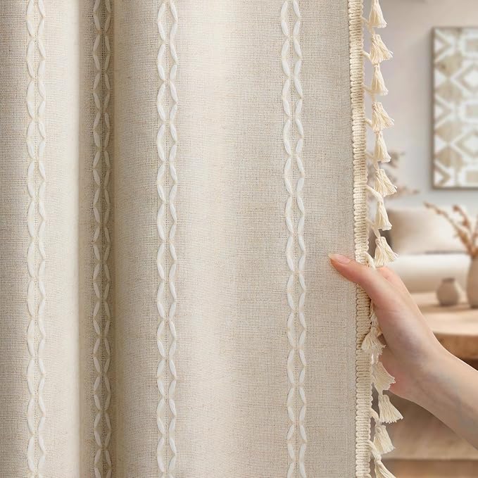 Boho 100% Blackout Curtains 63 Inch 2 Panels Linen Blend Beige | Vintage - Image 2