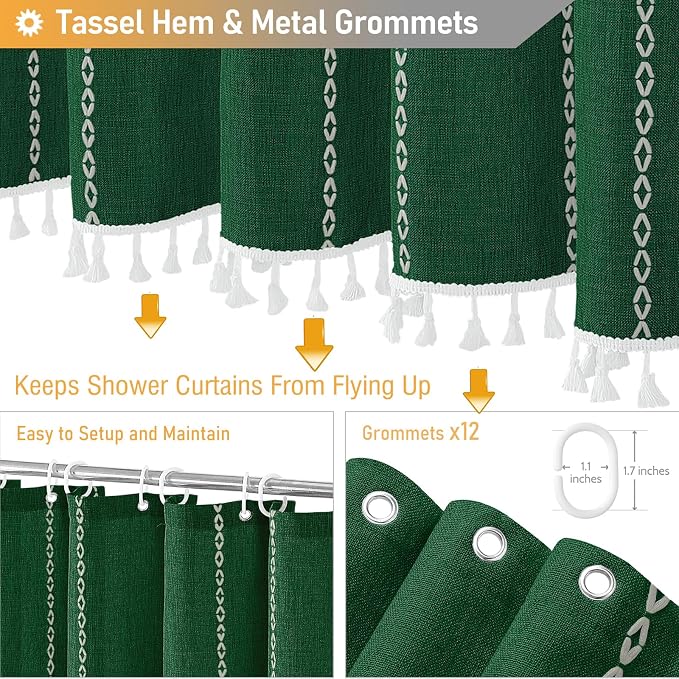 72x96 Extra Long Linen Heavy Duty Shower Curtain Set, Emerald Green | Extra - Image 5